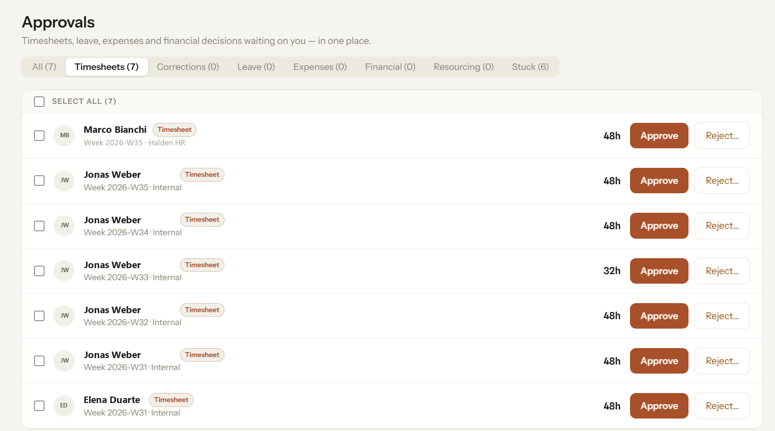Approvals queue — timesheets awaiting approve or reject