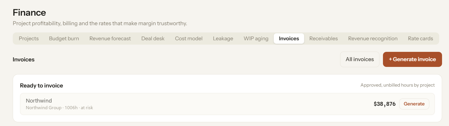 Invoicing — approved unbilled hours ready to invoice